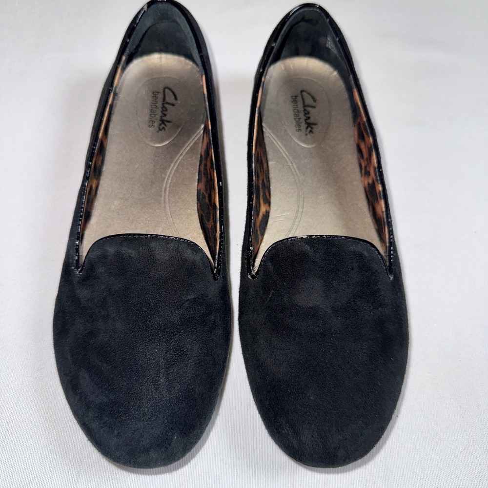 Clarks Black Suede‎ Loafers Leopard Print Lining Flats 9M 2606775